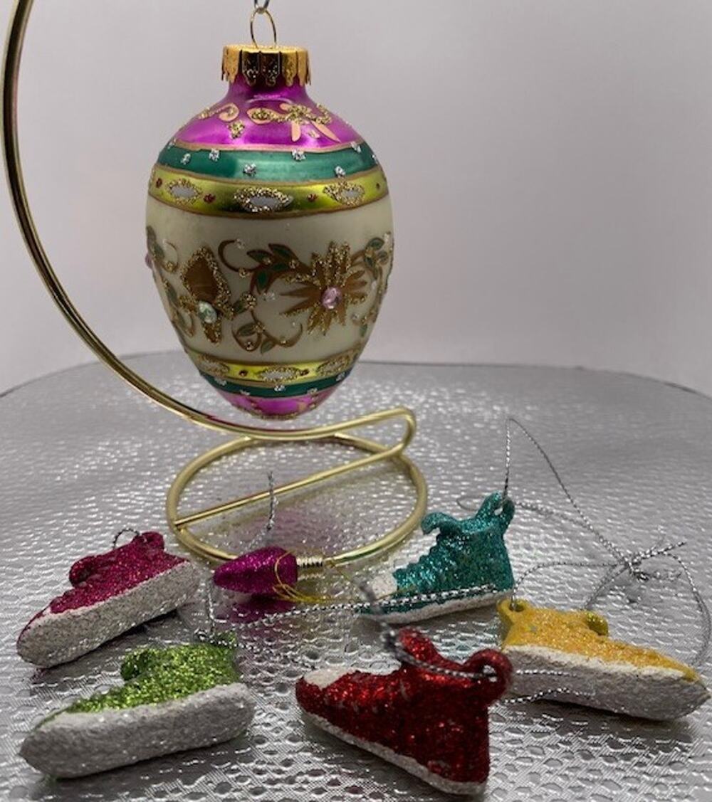 Christmas Ornament Handcrafted Blown Glass Egg Shaped with 5 Sneakers